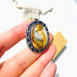 SOLD - Brecciated Madagascar Ibis Jasper Quartz oval sterling silver 925 Ring 8